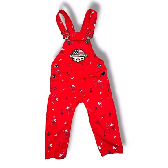 Vintage Drop Jeans Overalls 6-12 Months Red Nautical Fishing Sailboat - Picture 1 of 8